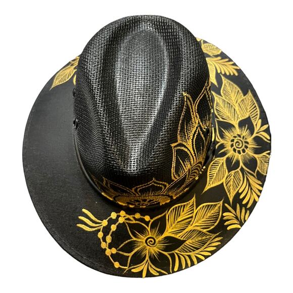 HAT MEXICAN Artisanal Hand Painted Fedora Floral Sombrero Panama Bohemian Black main image 7